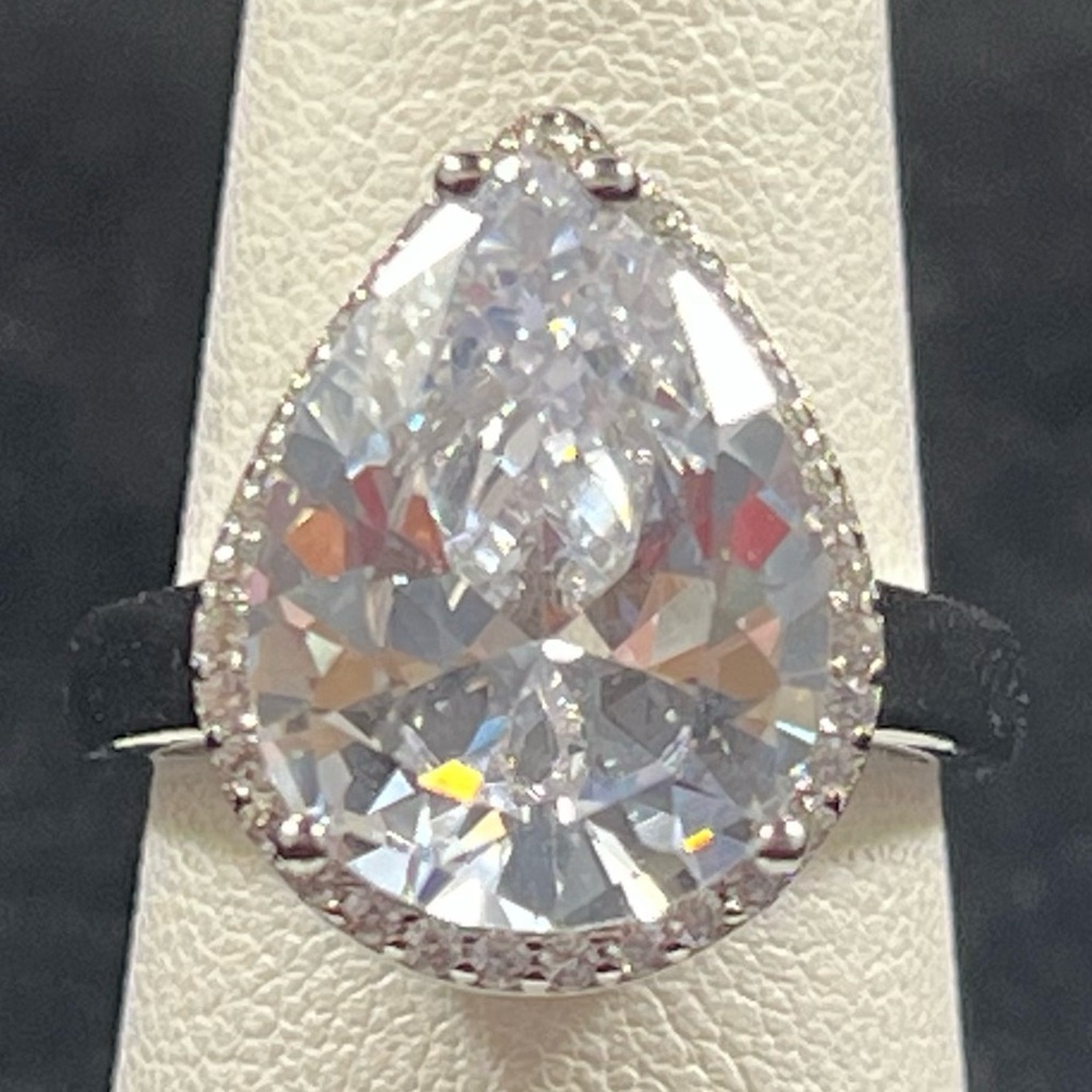 Pear CZ Halo Sterling Silver Ring